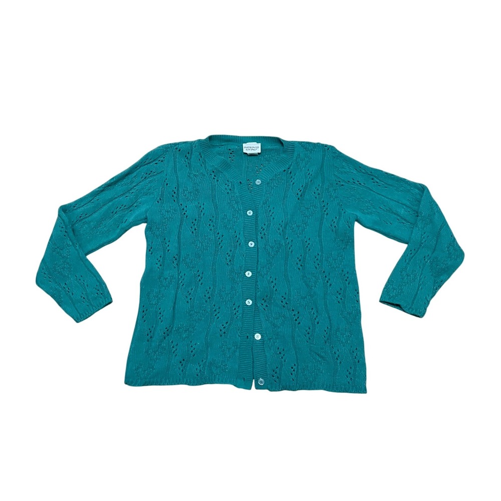 VTG Women's S Spruce Green Pointelle Cottage Open‎ Knit Button Cardigan Sweater